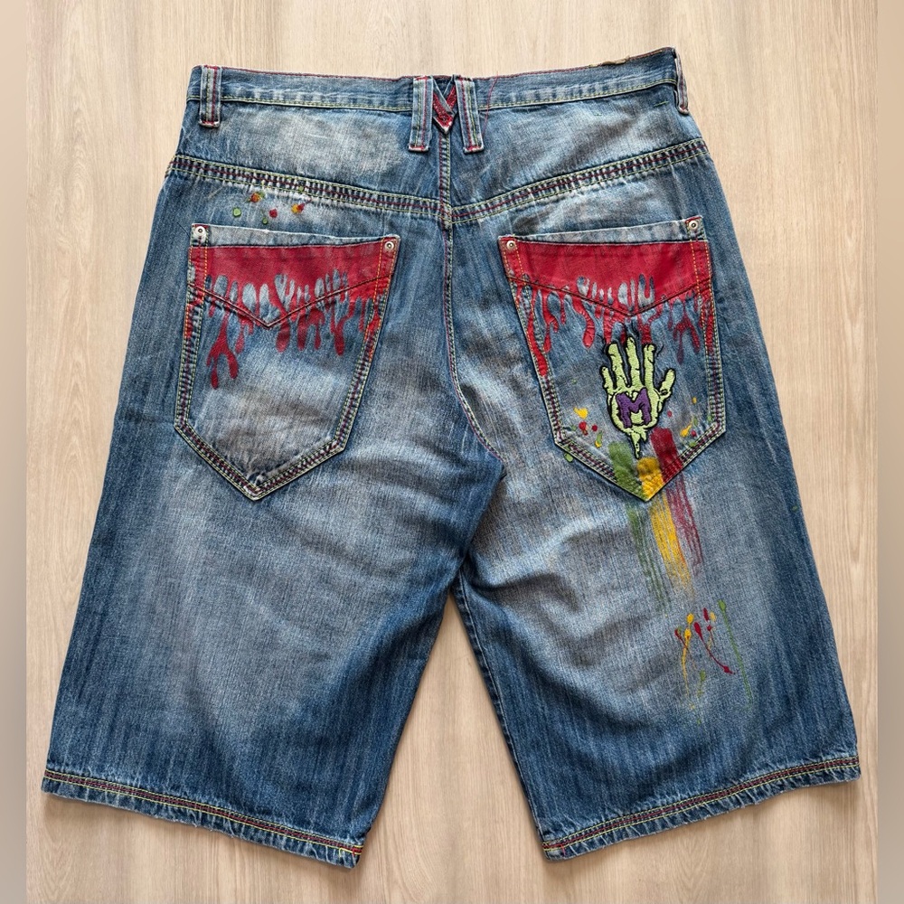 Vintage Miskeen Denim Shorts Sz 38 Bloody Pockets Zombie Grunge Y2K JNCO